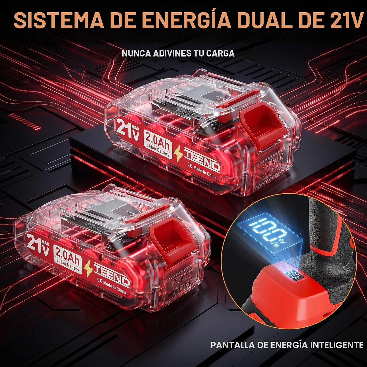 Amoladora angular inalámbrica TEENO roja de 21V con baterías y maletín — vista 6