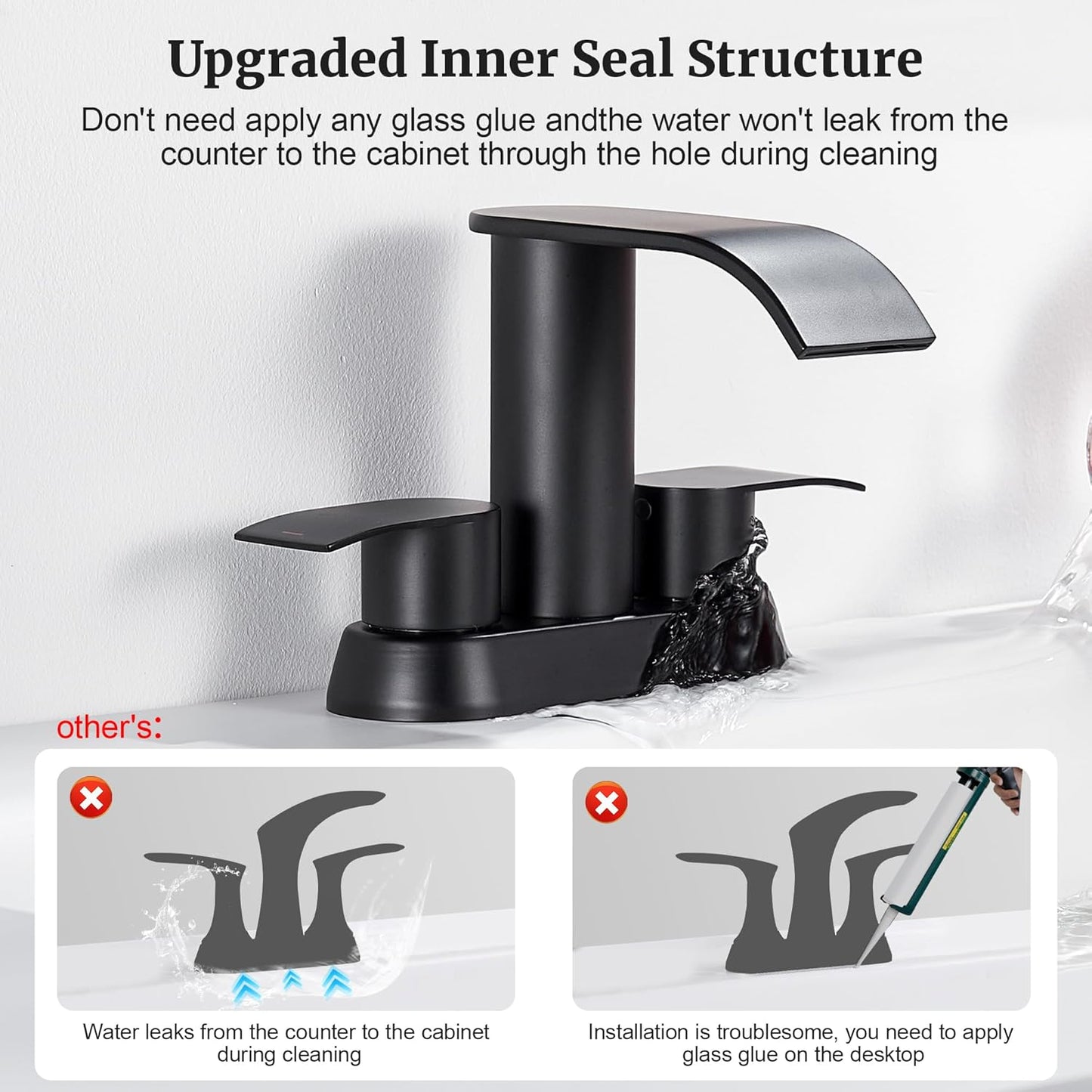 Grifo de baño de cascada negra, 4 pulgadas para 3 agujeros con drenaje desplegable.