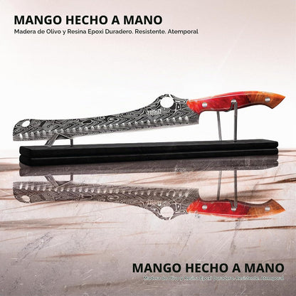 Cuchillo japonés Jikko de 12", para Brisket, mango de epoxi y madera (DETALLE)