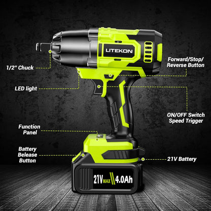 Llave de impacto inalámbrica de 1/2 pulgada, Litekon 4.0Ah 24V (USADA)