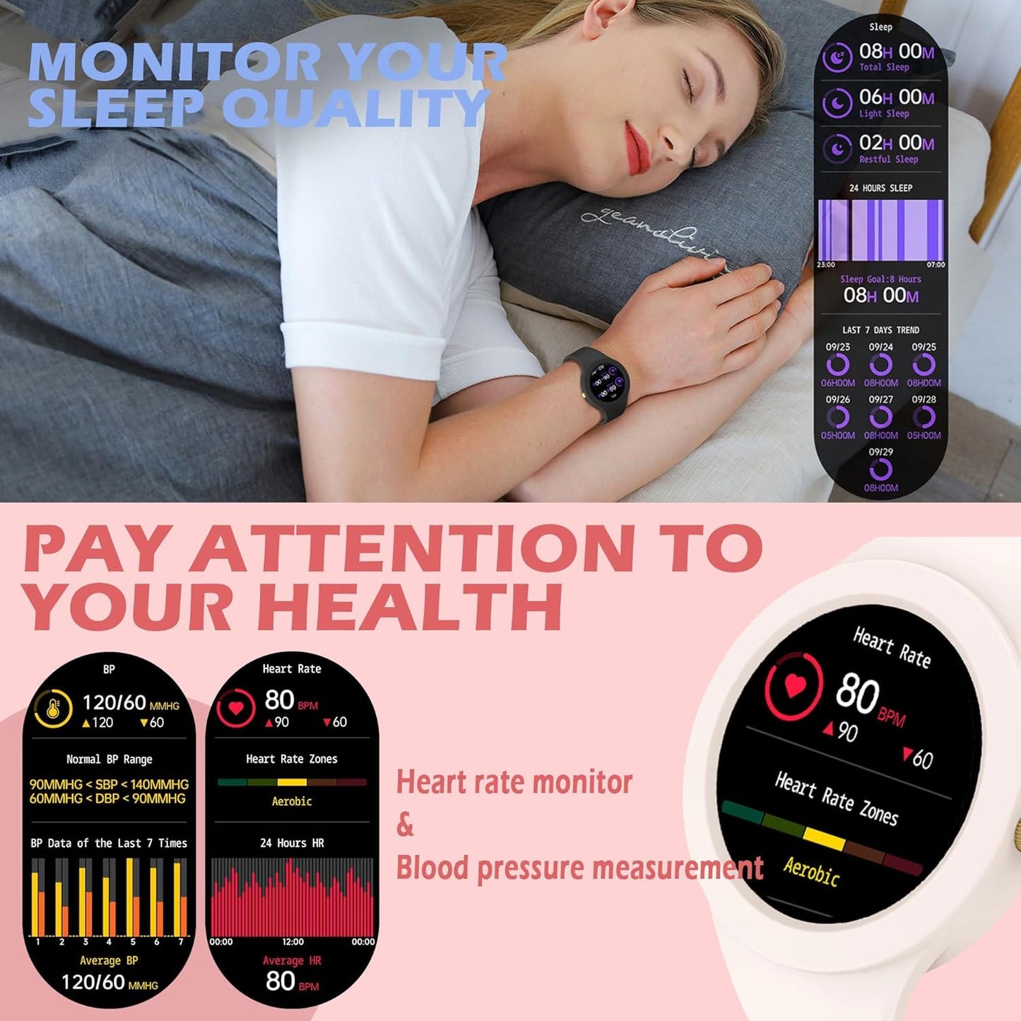 Smartwatch para mujer, LILA, Android iOS, podómetro, cal. counter