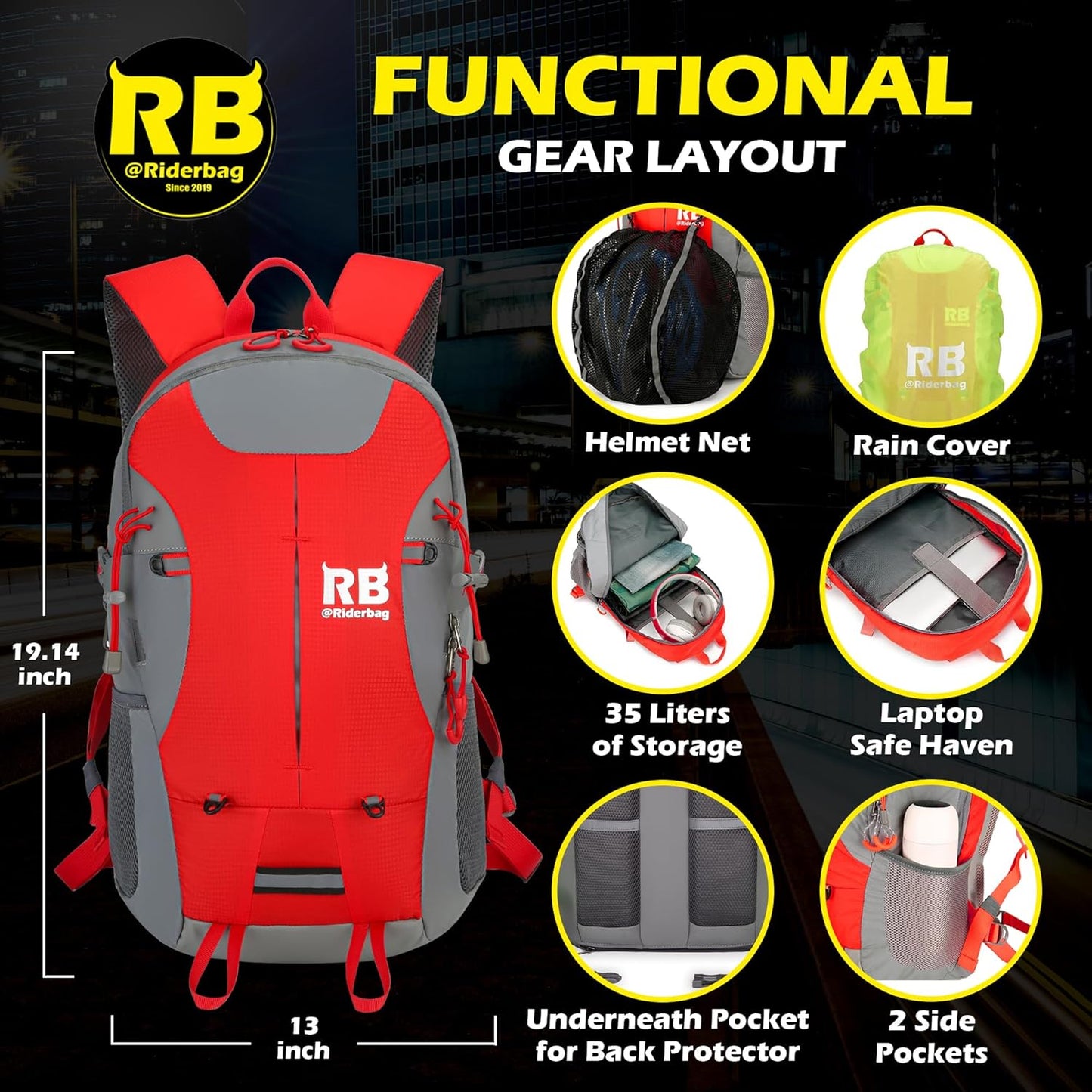 Mochila reflectante RIDERBAG.Alta visibilidad, viajeros, motocicleta, color roja.