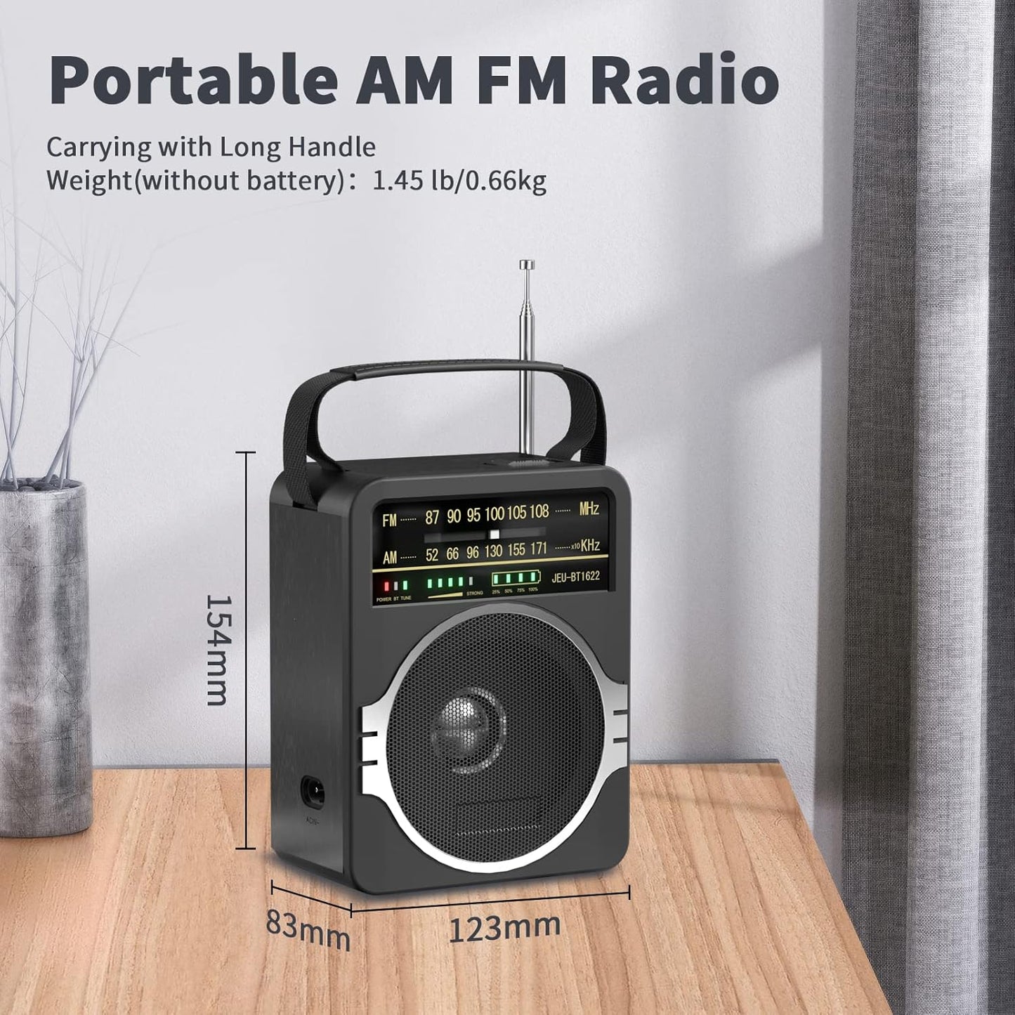 Radio FM portátil AM, radio Bluetooth 5.0, altavoz de 5V. JEUJUG.