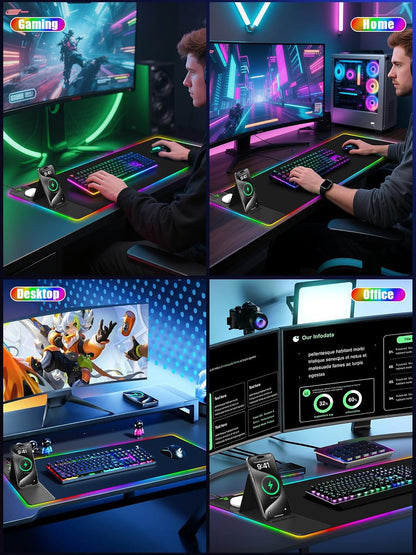 Mousepad con soporte plegable para teléfono y cargador inalámbrico.