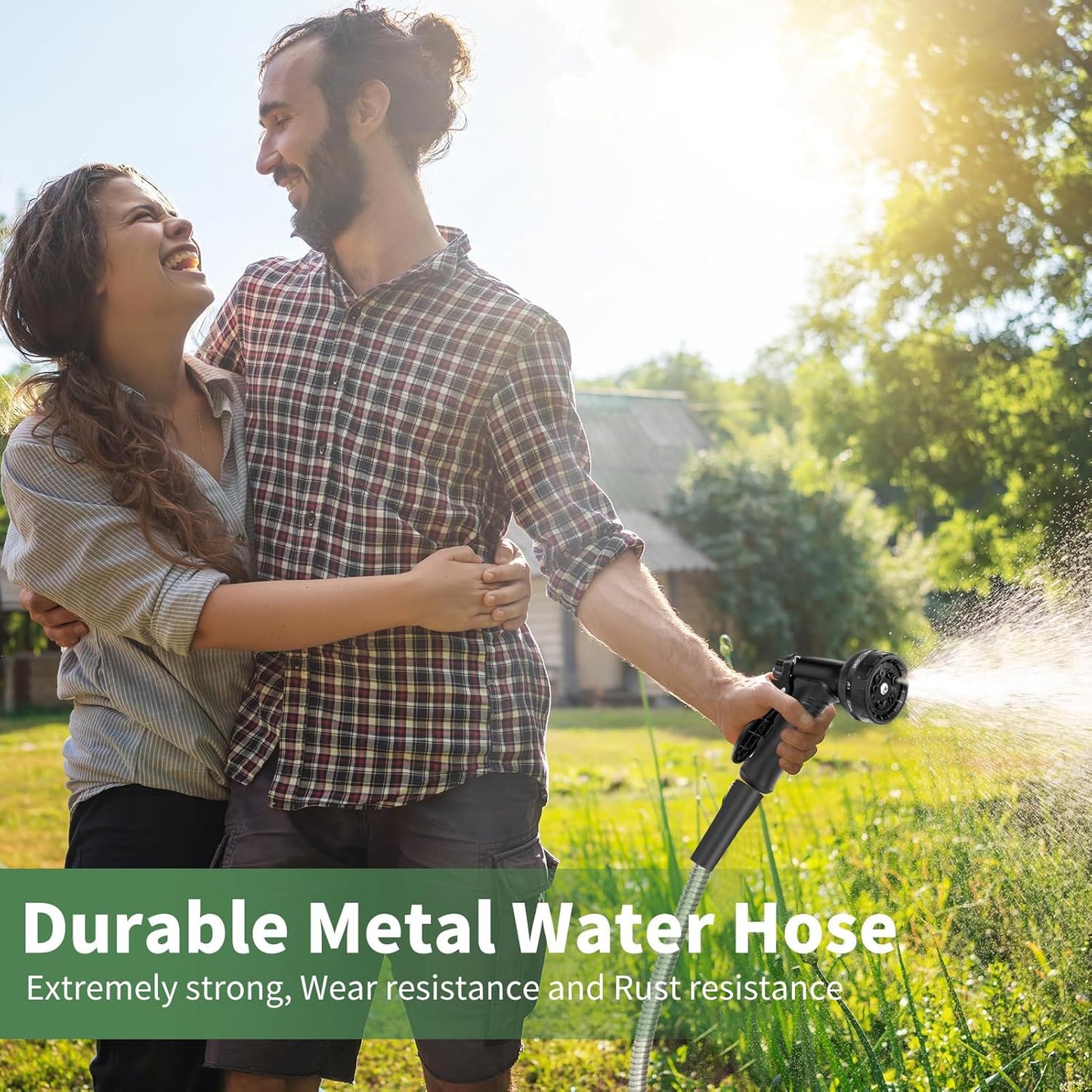 Manguera de jardín de acero inoxidable de 50 pies con boquillas de 10 funciones.