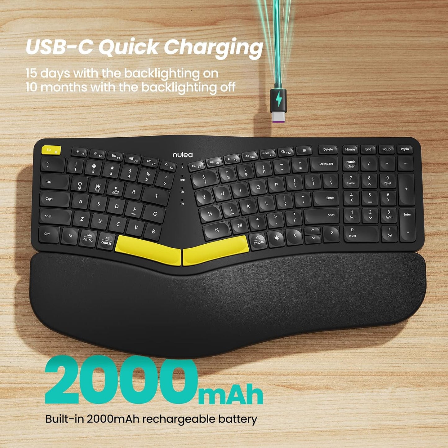 Nulea Teclado ergonómico inalámbrico, USB-C, retroiluminado.