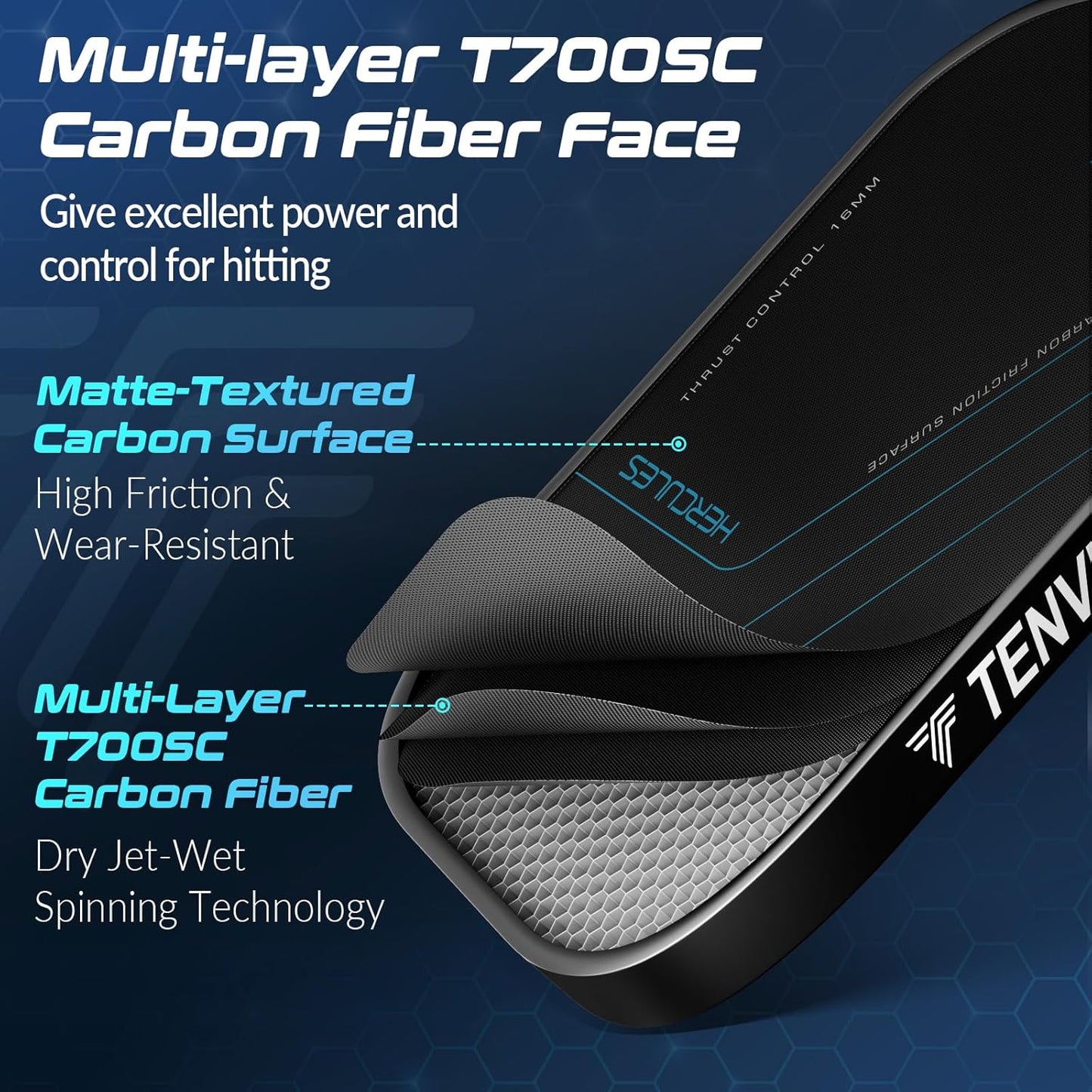 Palas de Pickleball TENVINA, de fibra de carbono texturizada multicapa.