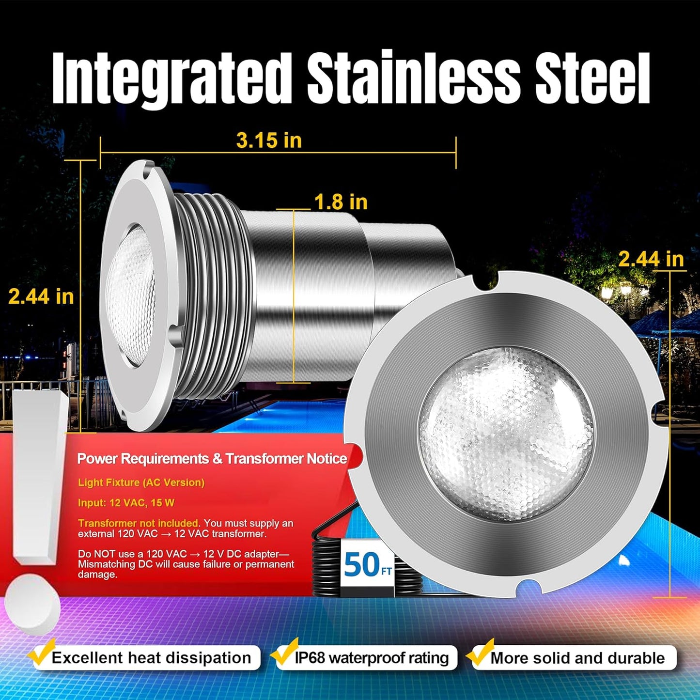 Luz LED de 1.5 pulgadas, para piscina, RGB, sin bordes.(USADA).