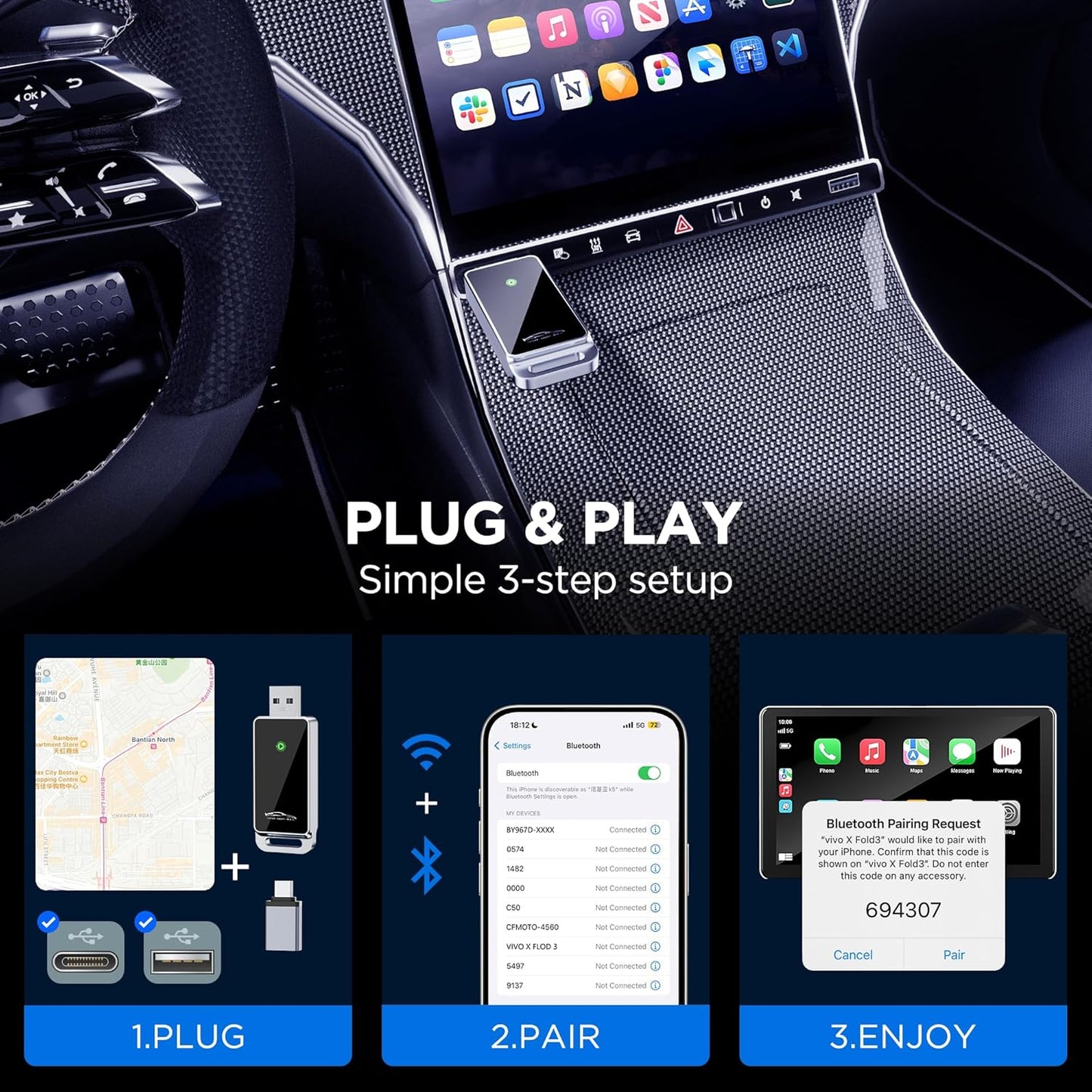 Adaptador inalámbrico CarPlay 2024,compatible con iPhone iOS 10+