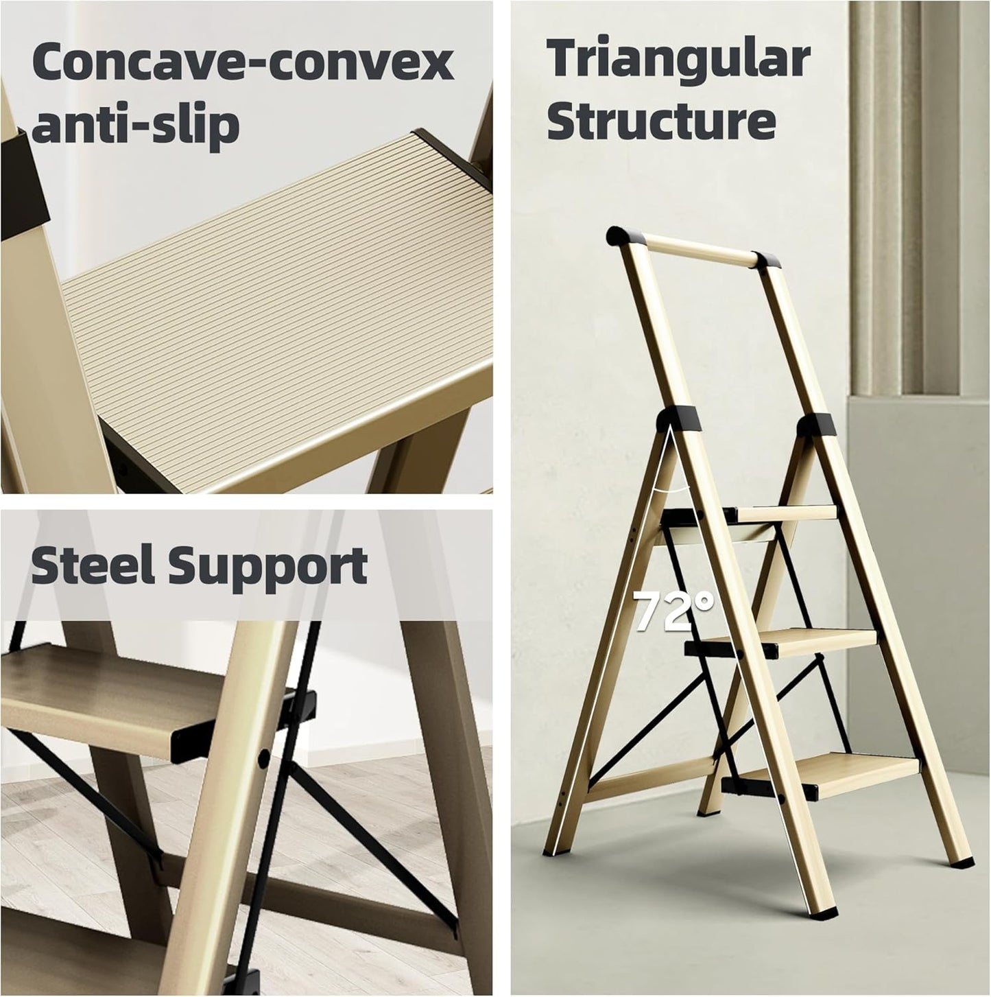 Escalera, aluminio de 3 escalones, plegable con asa, antideslizante.