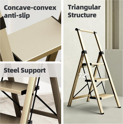 Escalera, aluminio de 3 escalones, plegable con asa, antideslizante.