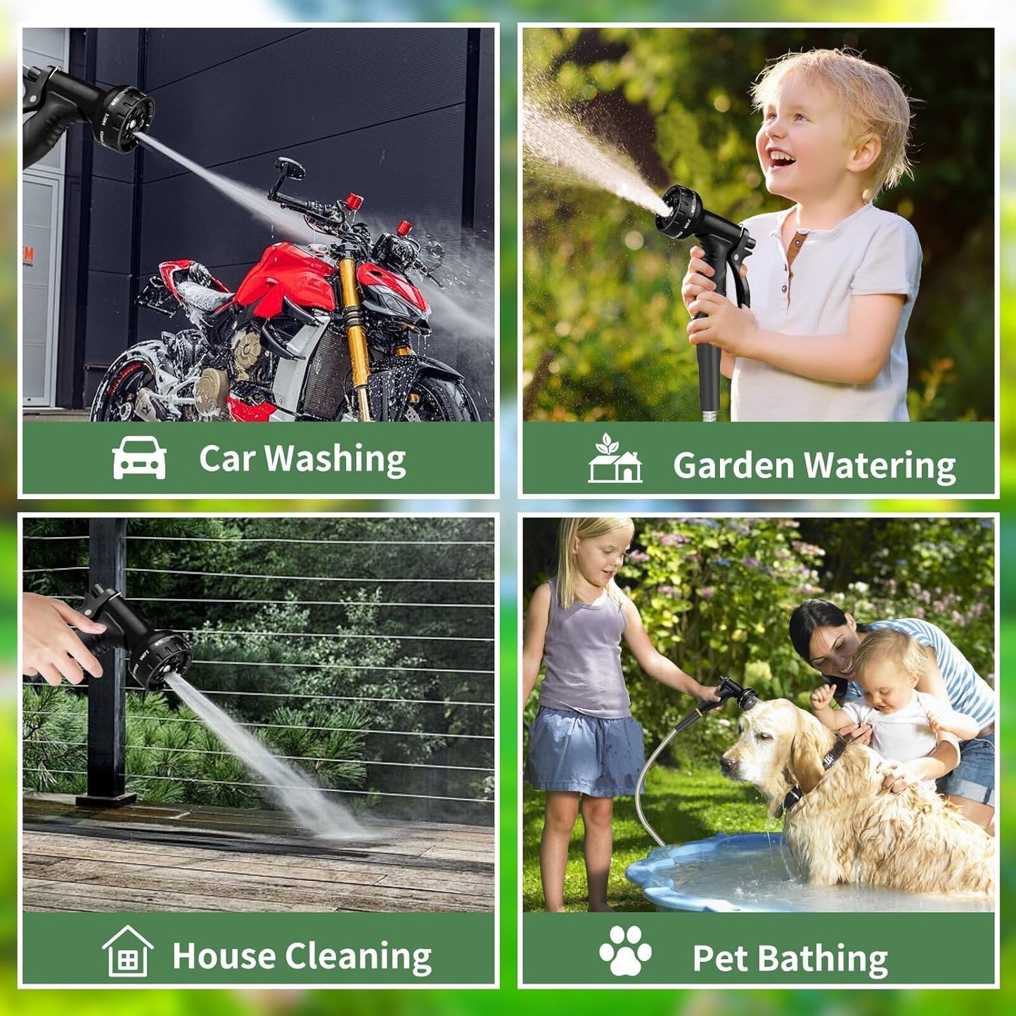 Manguera de jardín de acero inoxidable de 50 pies con boquillas de 10 funciones.