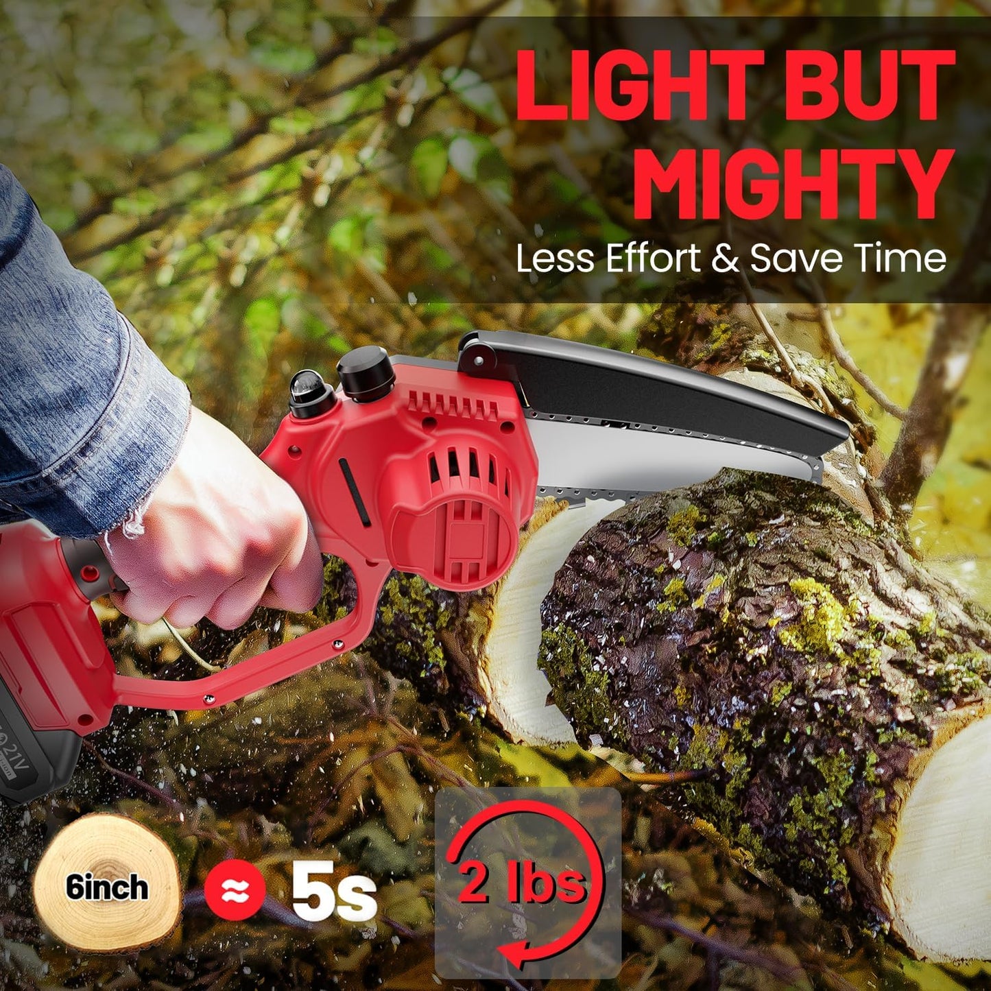 Mini motosierra inalámbrica de 6", 2 baterías y 3 cadenas, portátil.