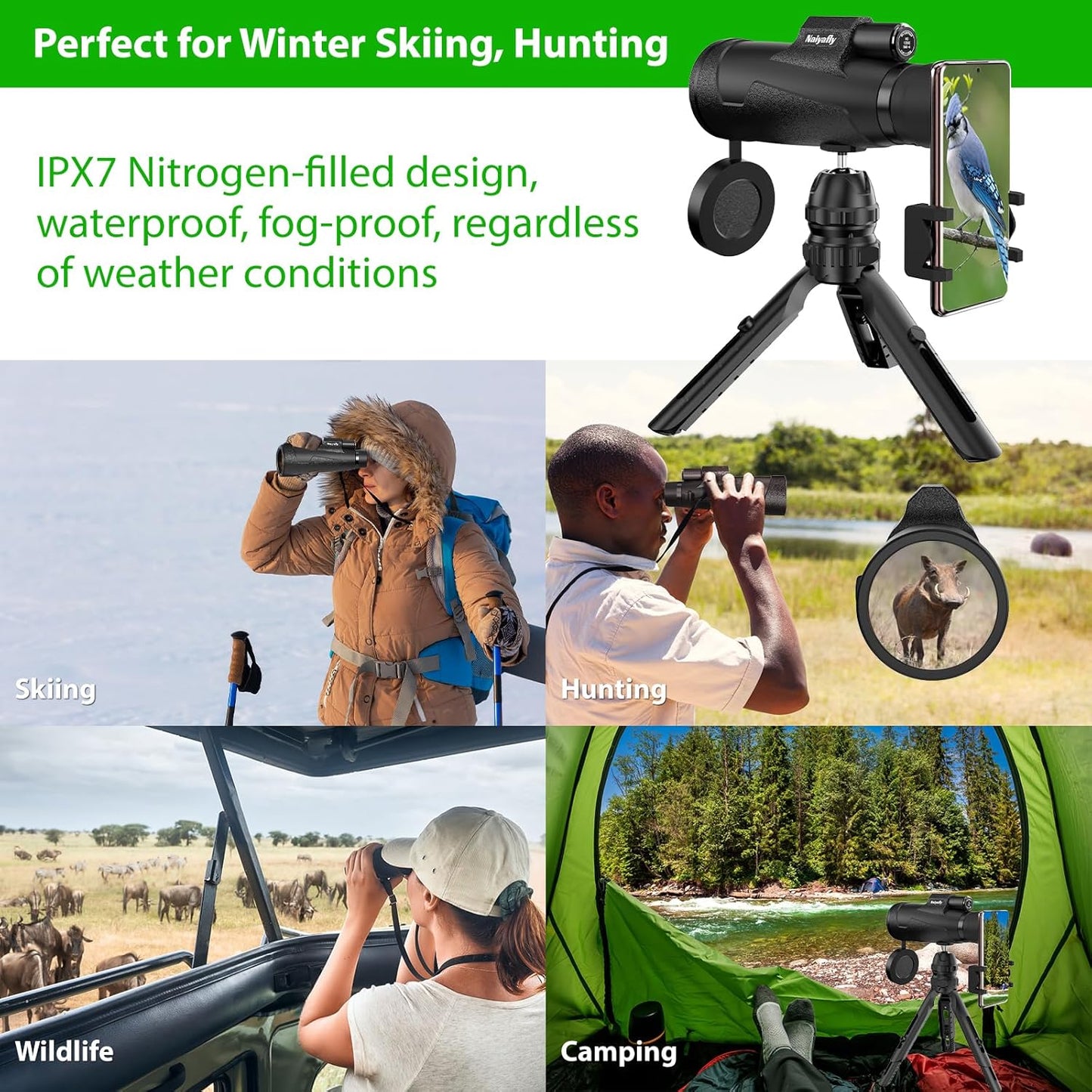 Telescopio monocular HD de 12 x 50 para teléfonos inteligentes, NAIYAFLY.