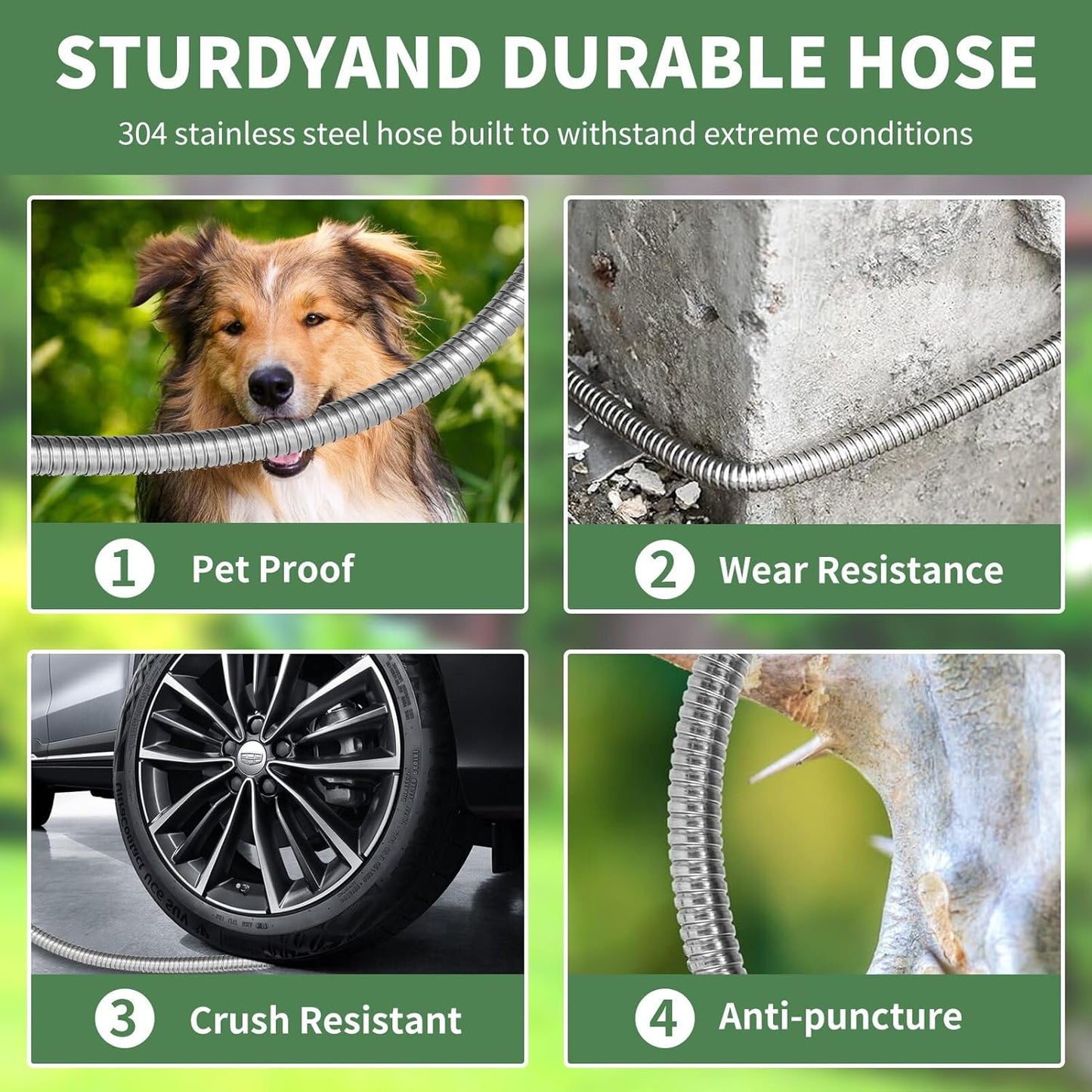 Manguera de jardín de acero inoxidable de 50 pies con boquillas de 10 funciones.