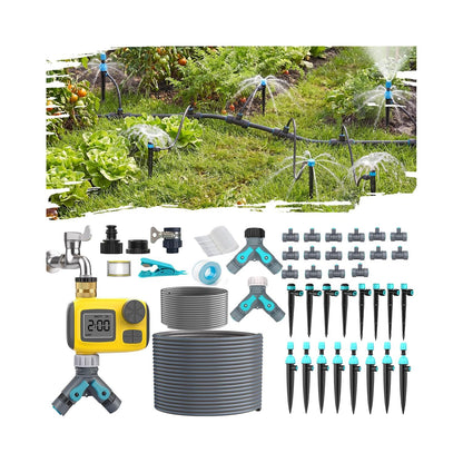 Kit de riego por goteo TRJZWA de 100 pies con temporizador y boquillas ajustables