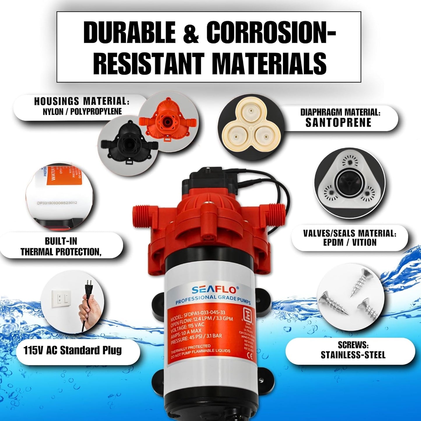 SEAFLO - Bomba de presión de agua de la serie 33 – 115 V CA.