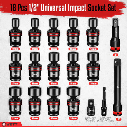 Juego de llaves Wett HZ03901, 18 pzs  1/2" giratorias 10-24mm