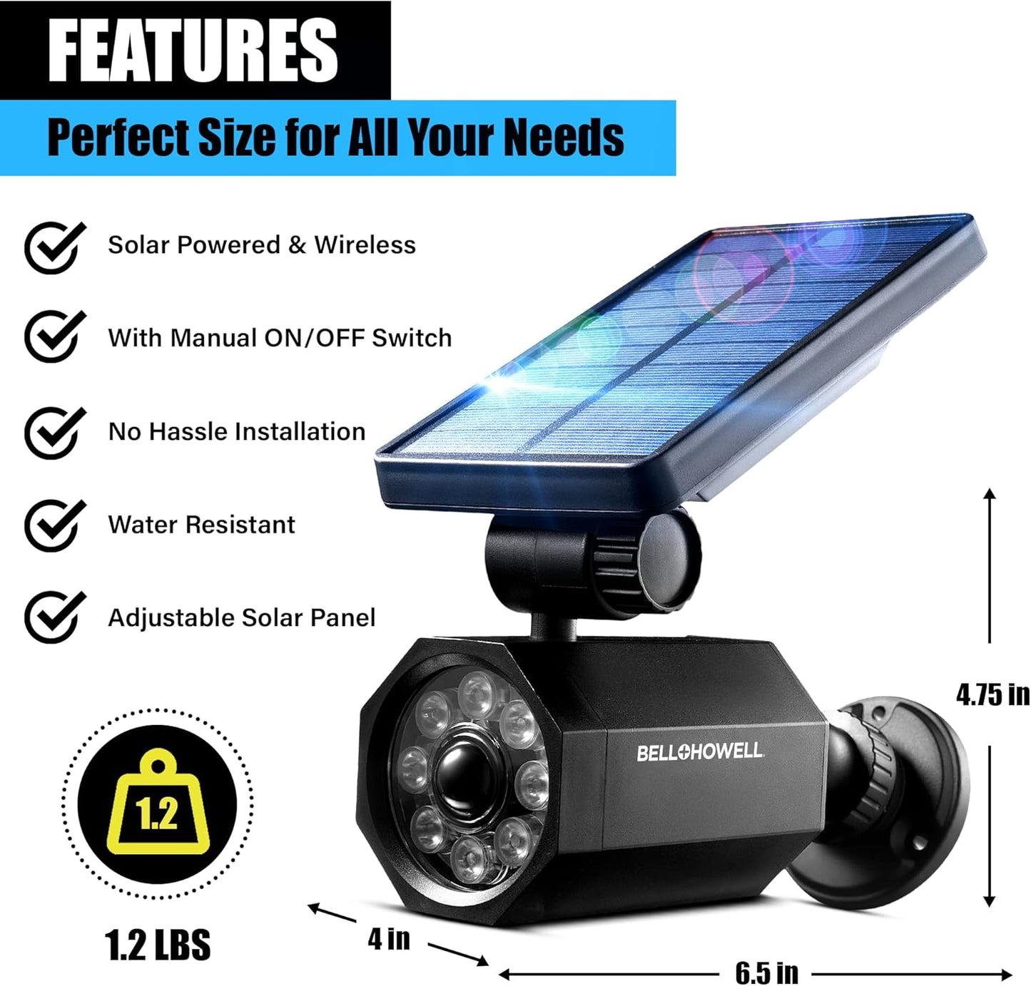 BELL+HOWELL- Lampara solar para exteriores con panel solar, Negro