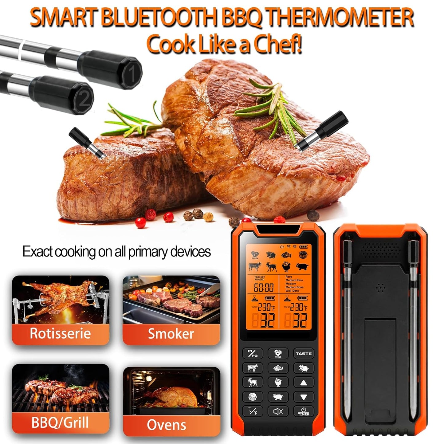 Termómetro inteligente Bluetooth para carne, Apto para horno.