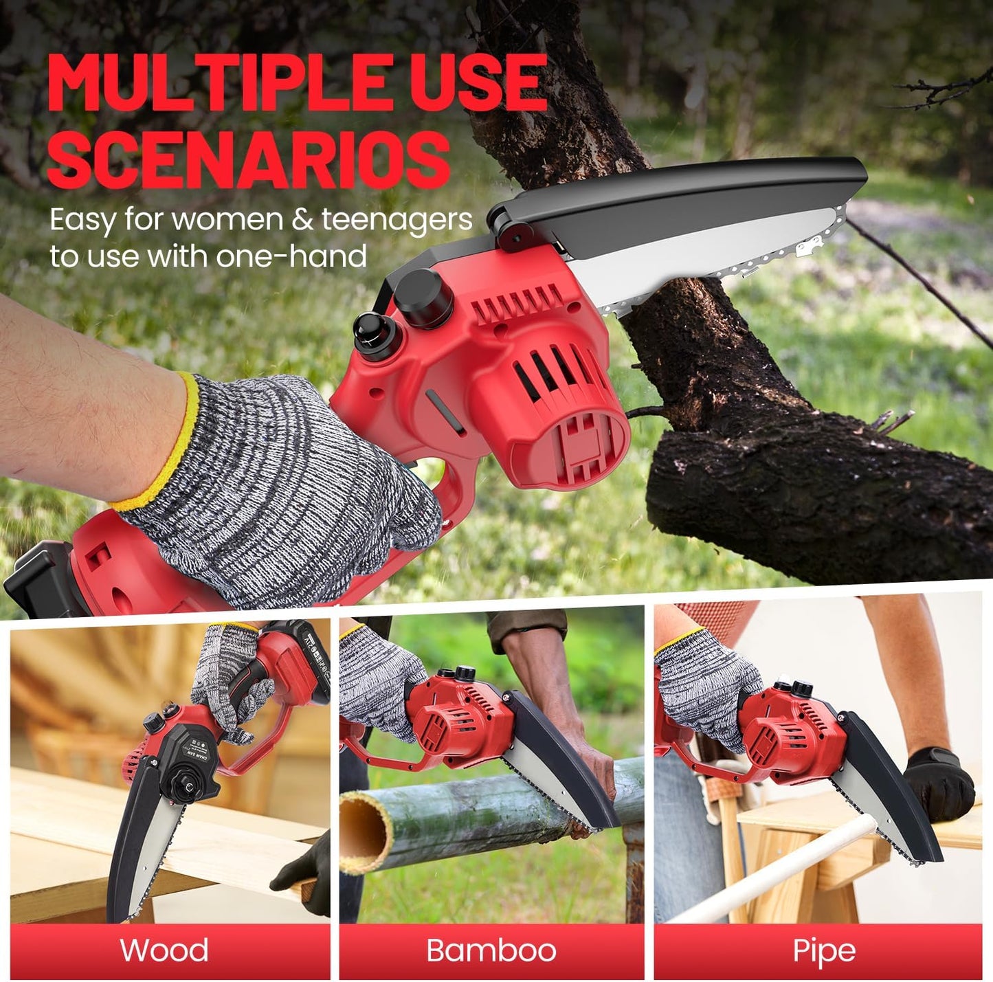 Mini motosierra inalámbrica de 6", 2 baterías y 3 cadenas, portátil.