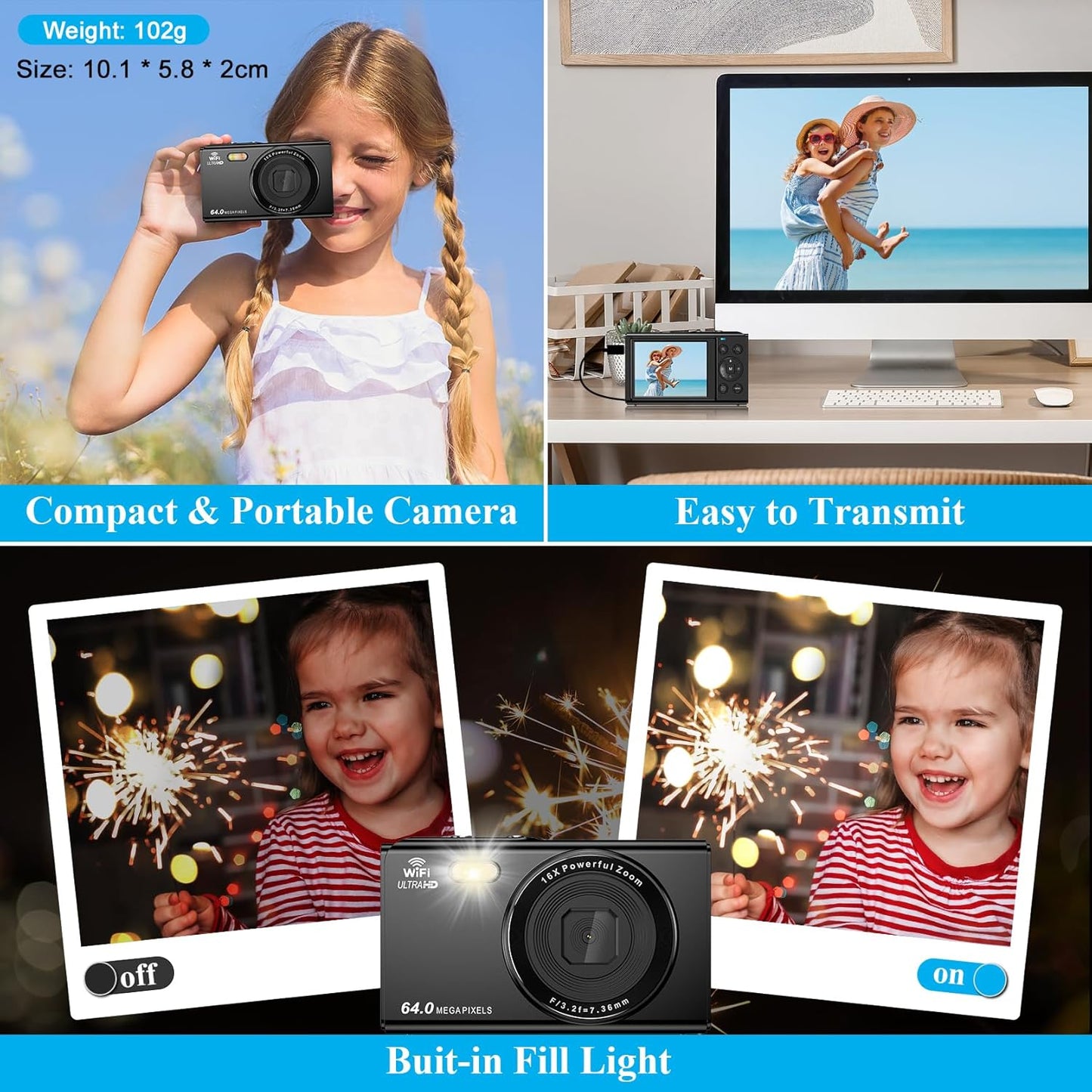 Cámara Digital de 64 MP, Zoom 16X, FHD 1080P, 32 GB, 2 Baterías.