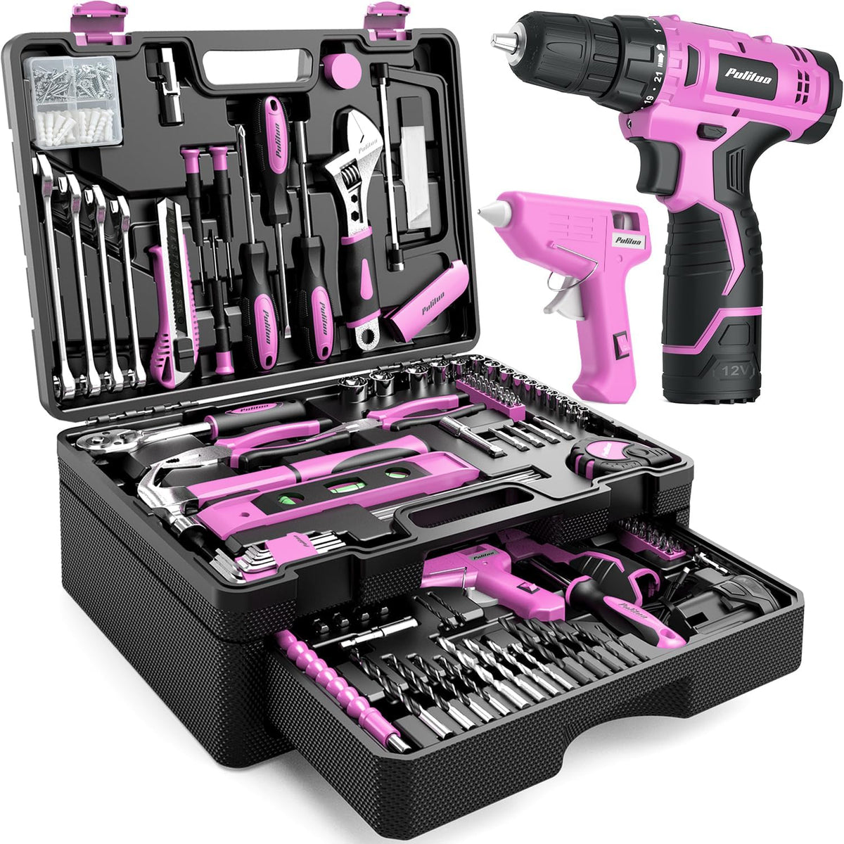 Caja de herramientas PULITUO rosa con taladro inalámbrico 12V y accesorios