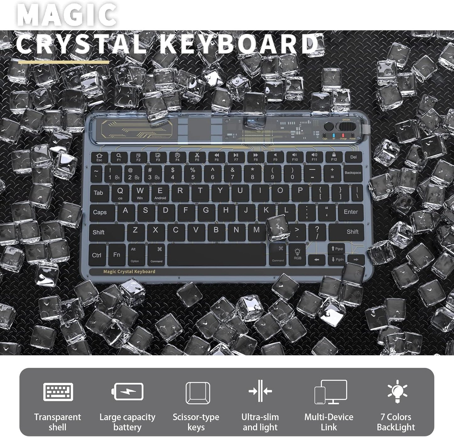 Mini teclado Bluetooth inalámbrico, 7 colores RGB,  iOS, Android.