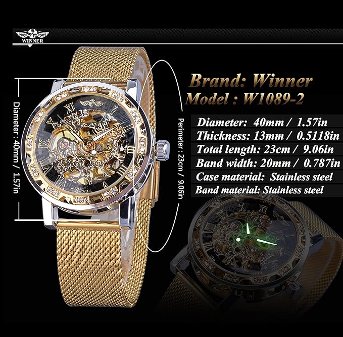 Reloj mecánico, diseño de esqueleto y talla de flores, Winner.