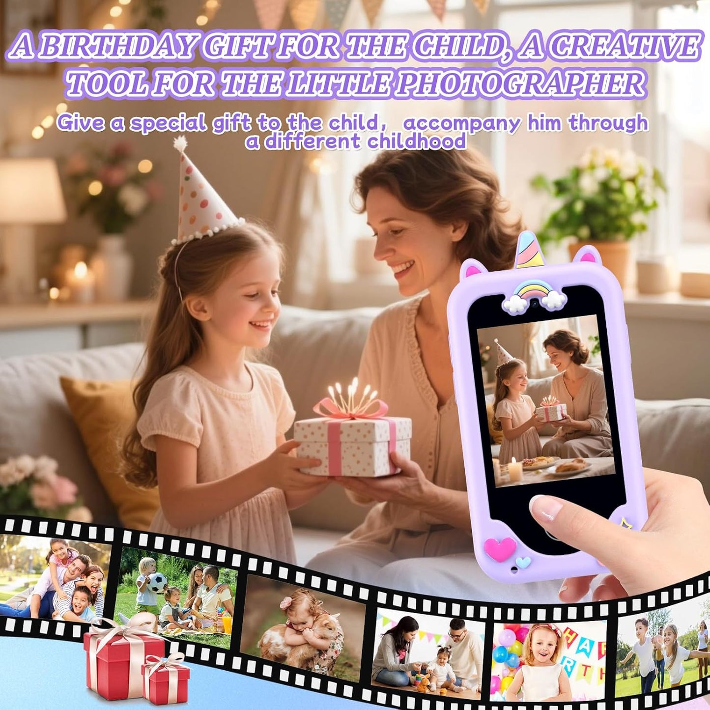 Teléfono infantil para niñas, de 3 a 8 años, táctil, cámara dual 8G.