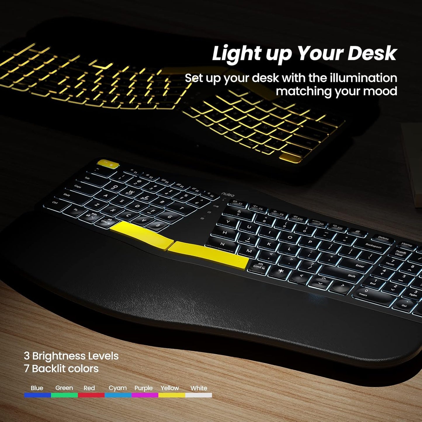 Nulea Teclado ergonómico inalámbrico, USB-C, retroiluminado.