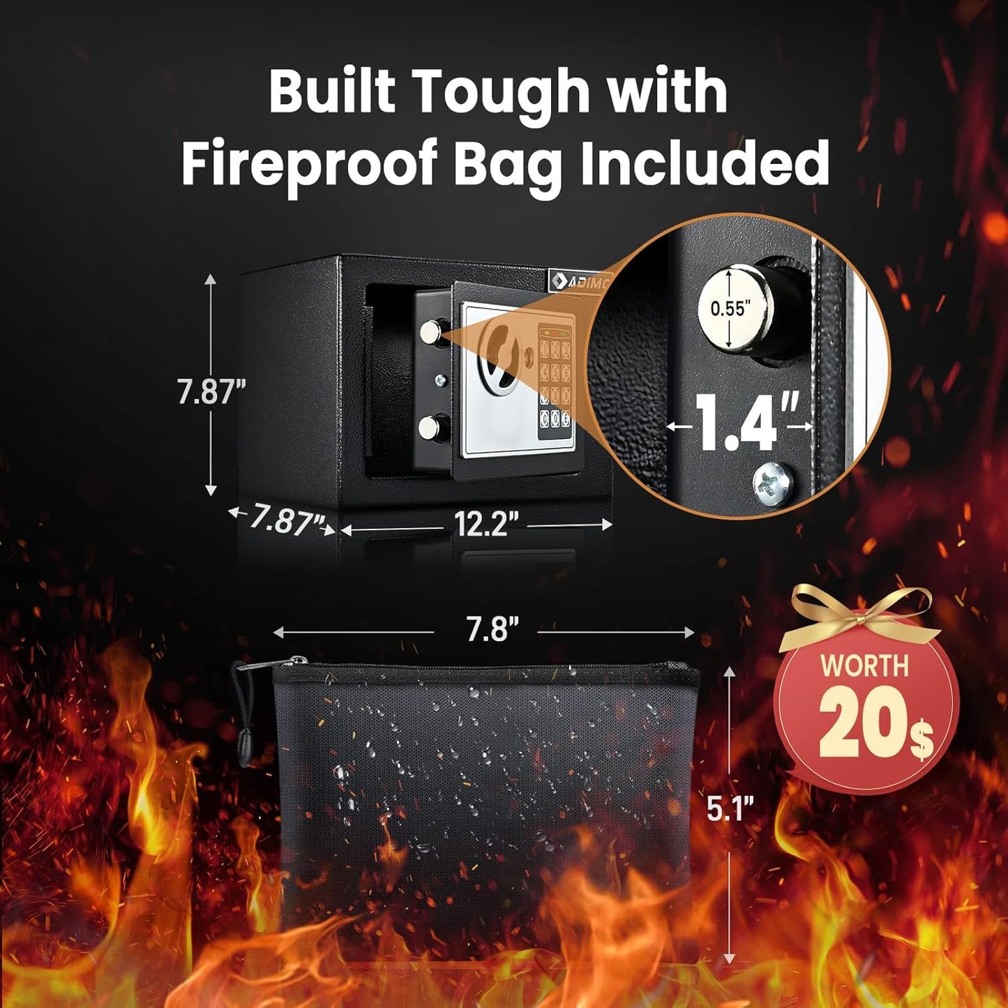 Caja de seguridad, pequeña con bolsa de seguridad ignífuga, con llaves y código de paso