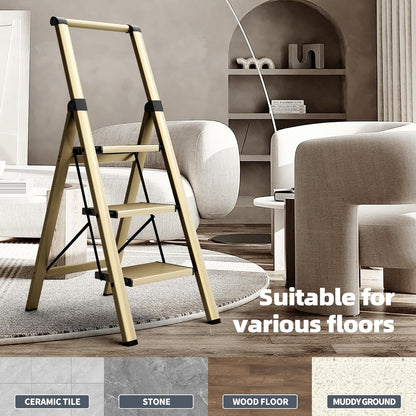 Escalera, aluminio de 3 escalones, plegable con asa, antideslizante.