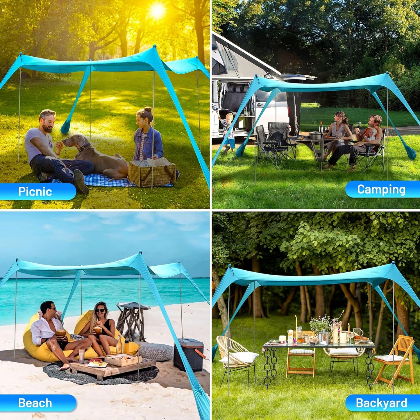 Tienda de playa familiar. Toldo y parasol plegable 3X3 SPF50. BOTINDO