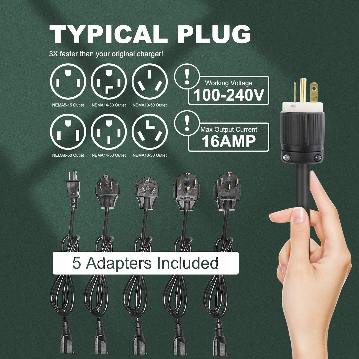 Max Green, Cargador Ev Nivel 2, Cinco Cables Adaptadores