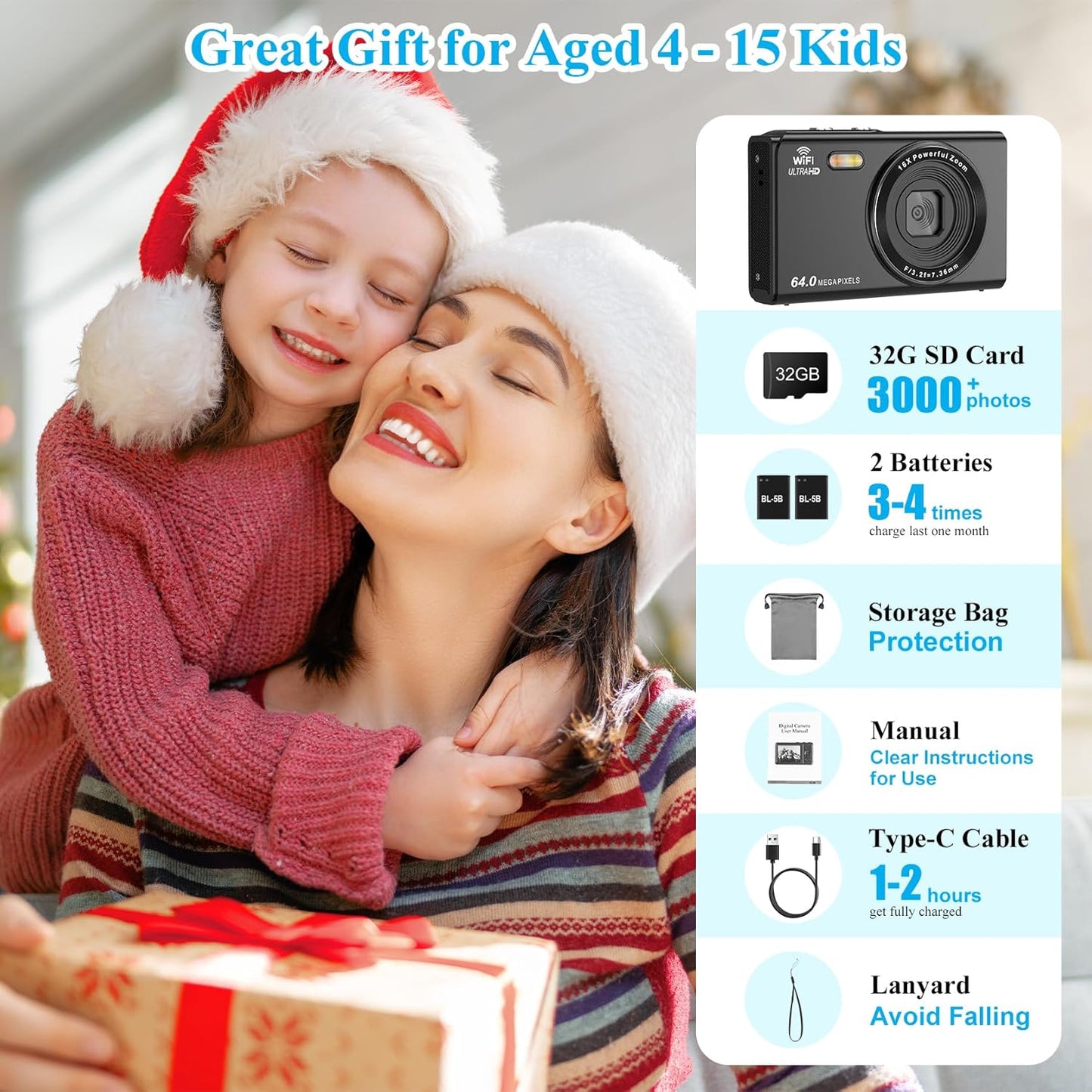 Cámara Digital de 64 MP, Zoom 16X, FHD 1080P, 32 GB, 2 Baterías.