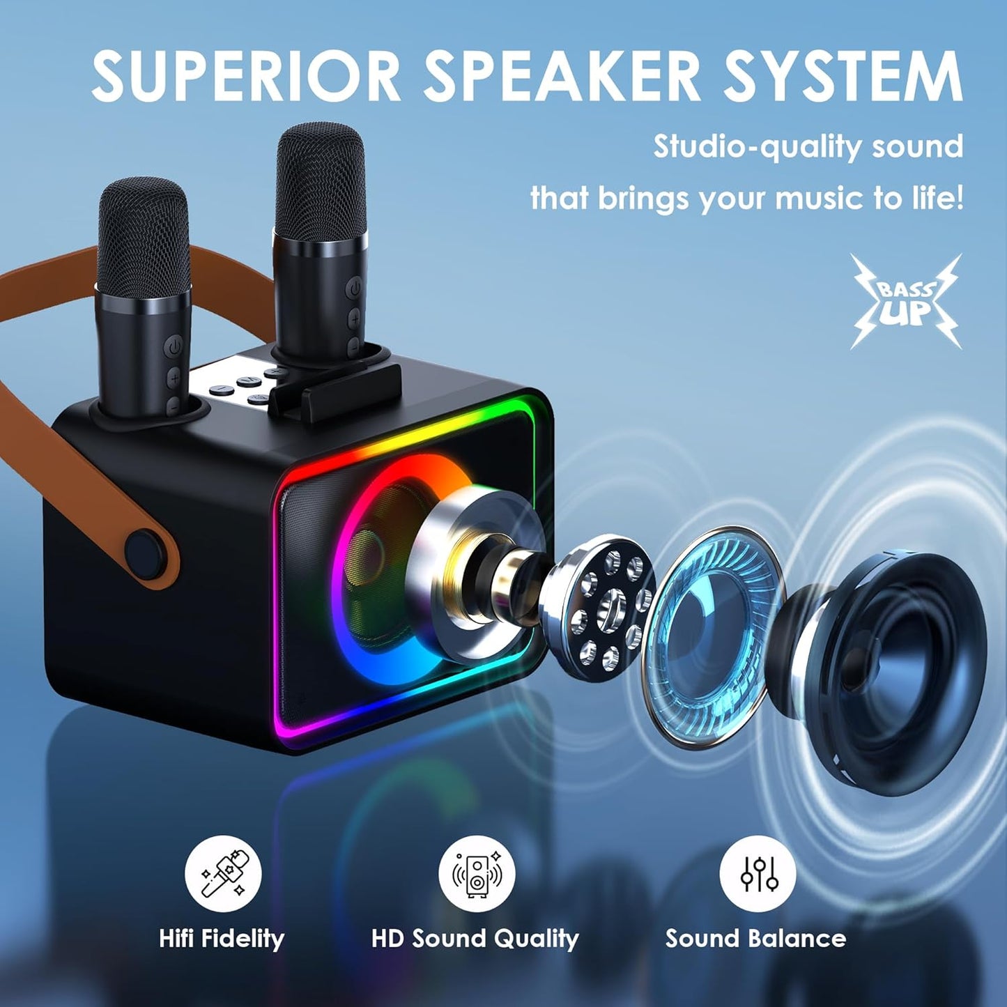 Karaoke para Adultos y niños, 2 micrófonos, portátil con Bluetooth.