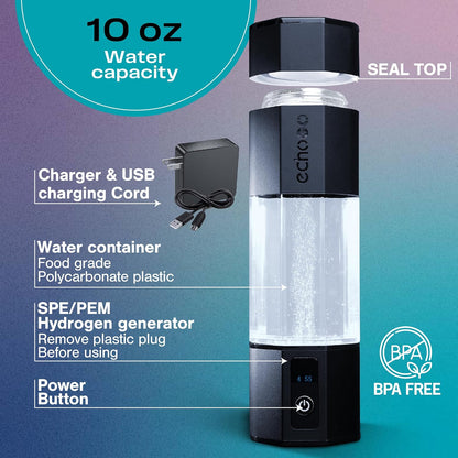 Botella de agua con infusión de hidrógeno, purificación SPE y PEM.
