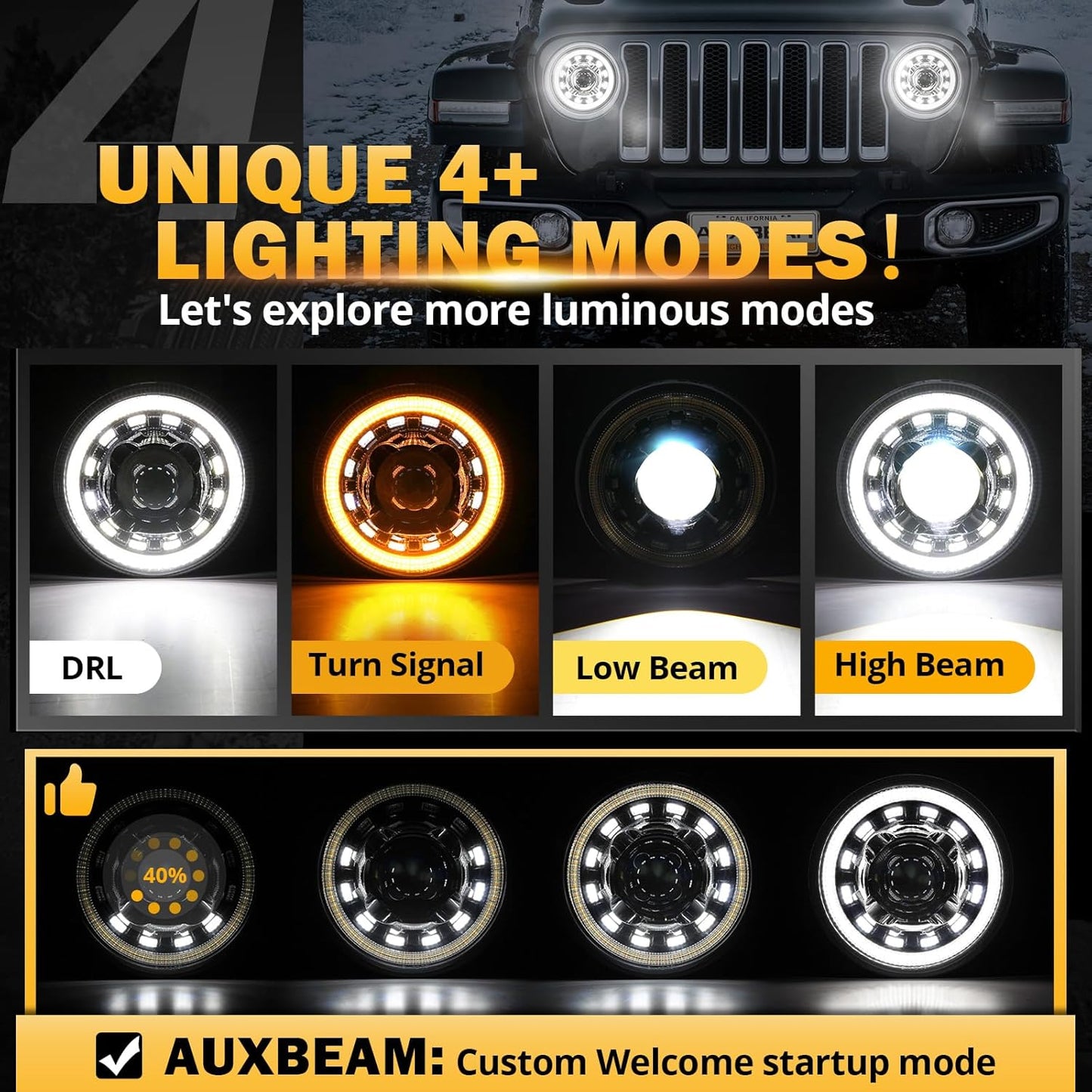 Auxbeam Faros LED de 7 pulgadas H6024 con señal de giro DRL.