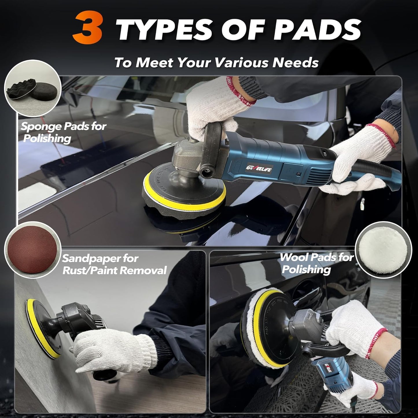 Pulidora de búfer rotatoria de 1600 W, mango desmontable, 7 vel.