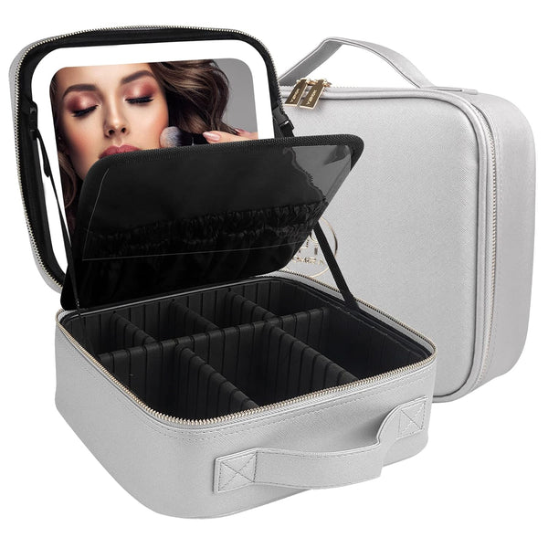 Estuche de maquillaje con espejo y luz, Momira, divisores ajustables.