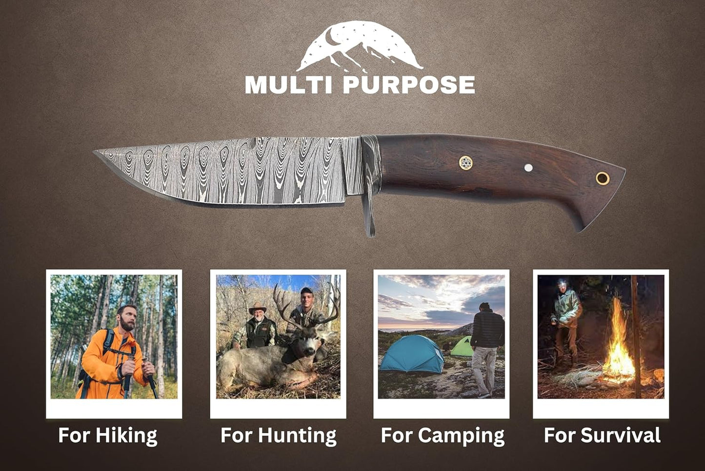 Cuchillo de caza de Damasco hecho a mano con funda de cuero.