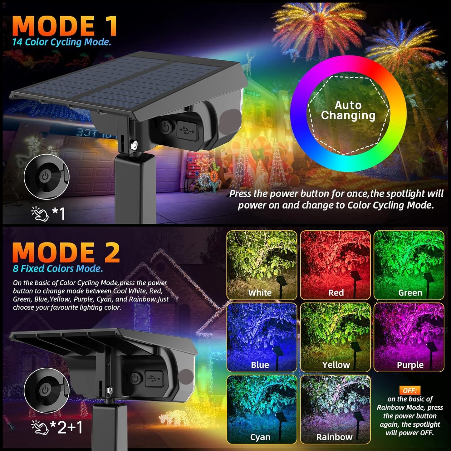 Luces solares, con color, para exteriores, impermeables, 9 modos.