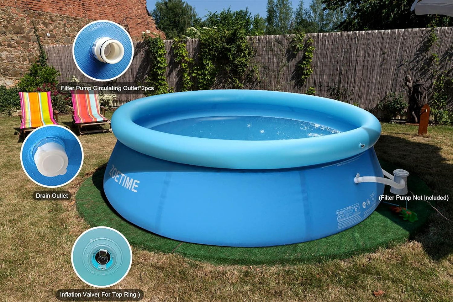 Piscina inflable, Zoetime, PVC, 765 Gal. para niños y adultos, jardín o patio.