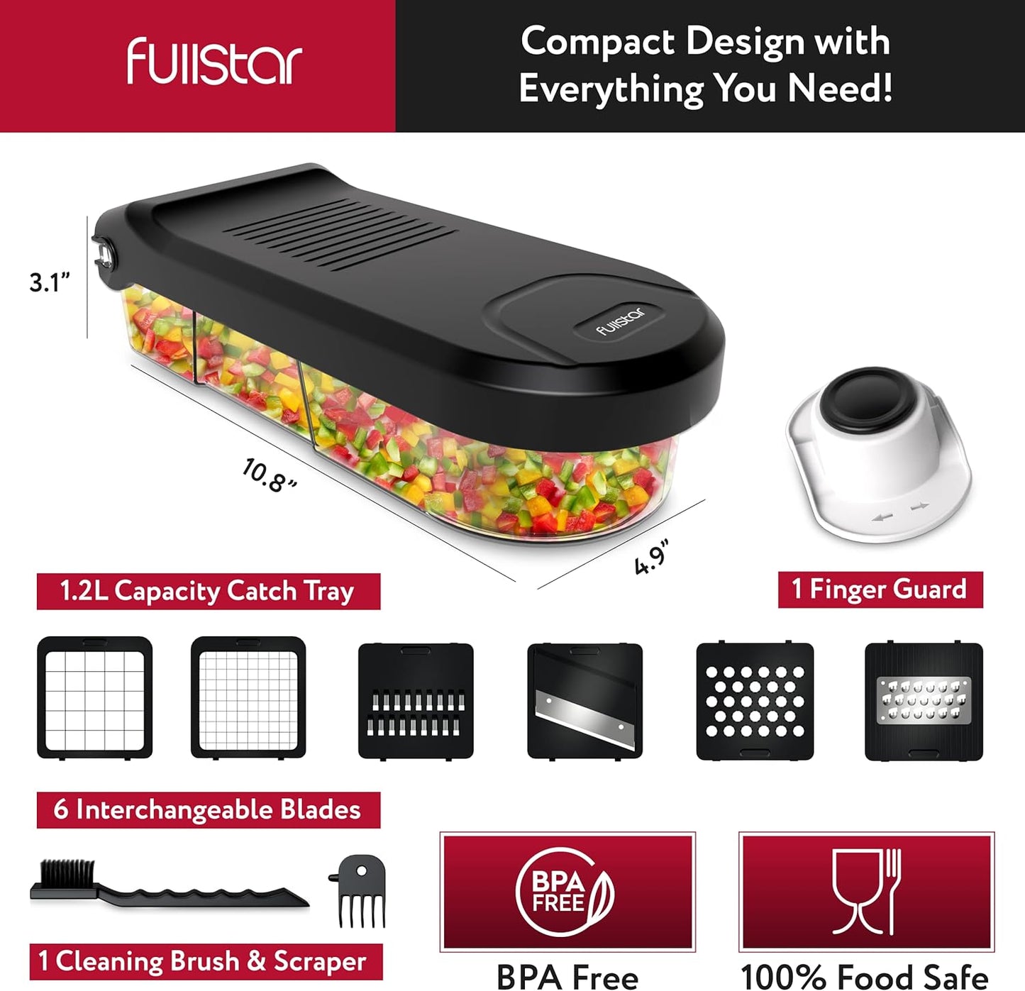 Picadora de verduras, con recipiente y utensilios 6 en 1, Fullstar.