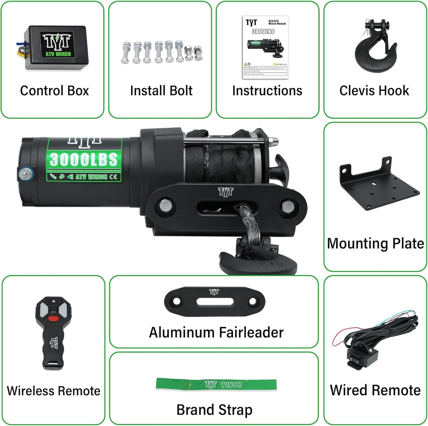 Cabrestante eléctrico ATV de 3000 lbs, control remoto inalámbrico.
