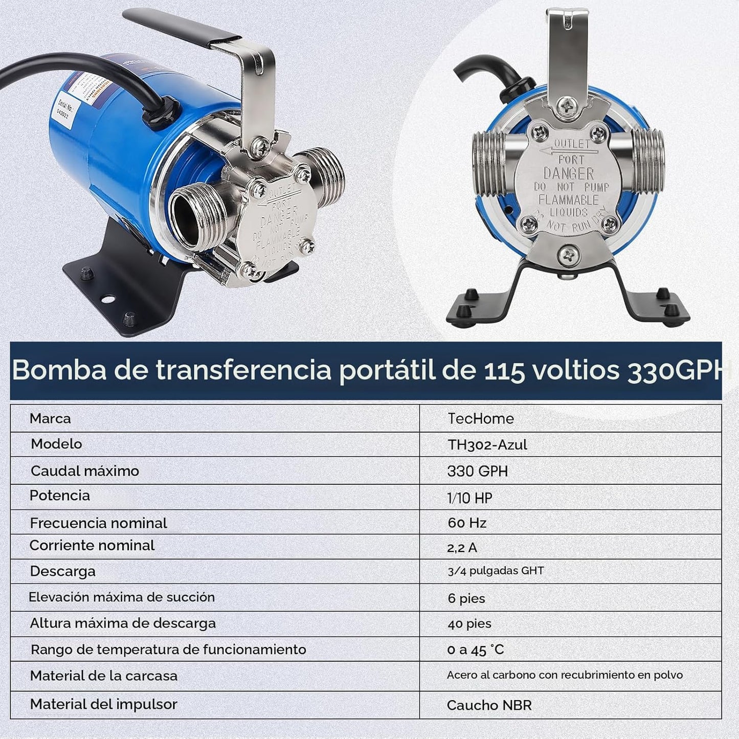 Bomba de drenaje de transferencia, con manguera, 115V 1/10HP.
