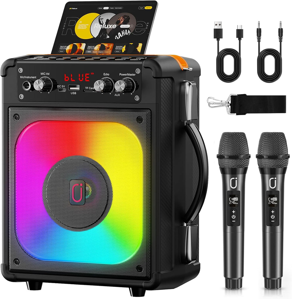 Máquina de karaoke, Bluetooth-portátil, HHWR con 2 micrófonos.