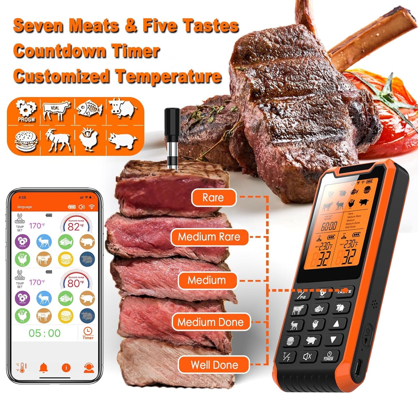 Termómetro inteligente Bluetooth para carne, Apto para horno.