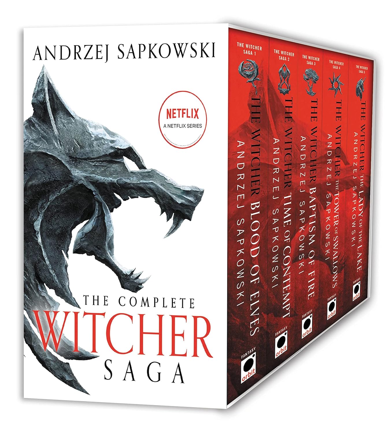 Caja de The Witcher: Sangre de Elfos, El Tiempo del Desprecio, Bautismo de Fuego, La Torre de las Golondrinas, La Dama del Lago.